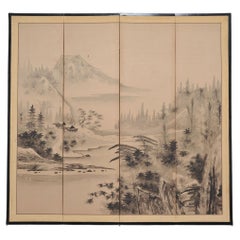 Japanese Showa Four Panel Screen Spring River Landscape 5 Ft.