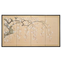 Paravent japonais Showa à quatre panneaux représentant des cerisiers en fleurs