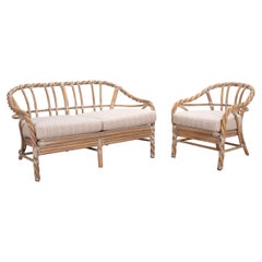 Pair of McGuire Cerused Organic Modern Twisted Rattan Settee and Lounge Chair