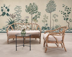 Pair of McGuire Cerused Organic Modern Twisted Rattan Settee and Lounge Chair