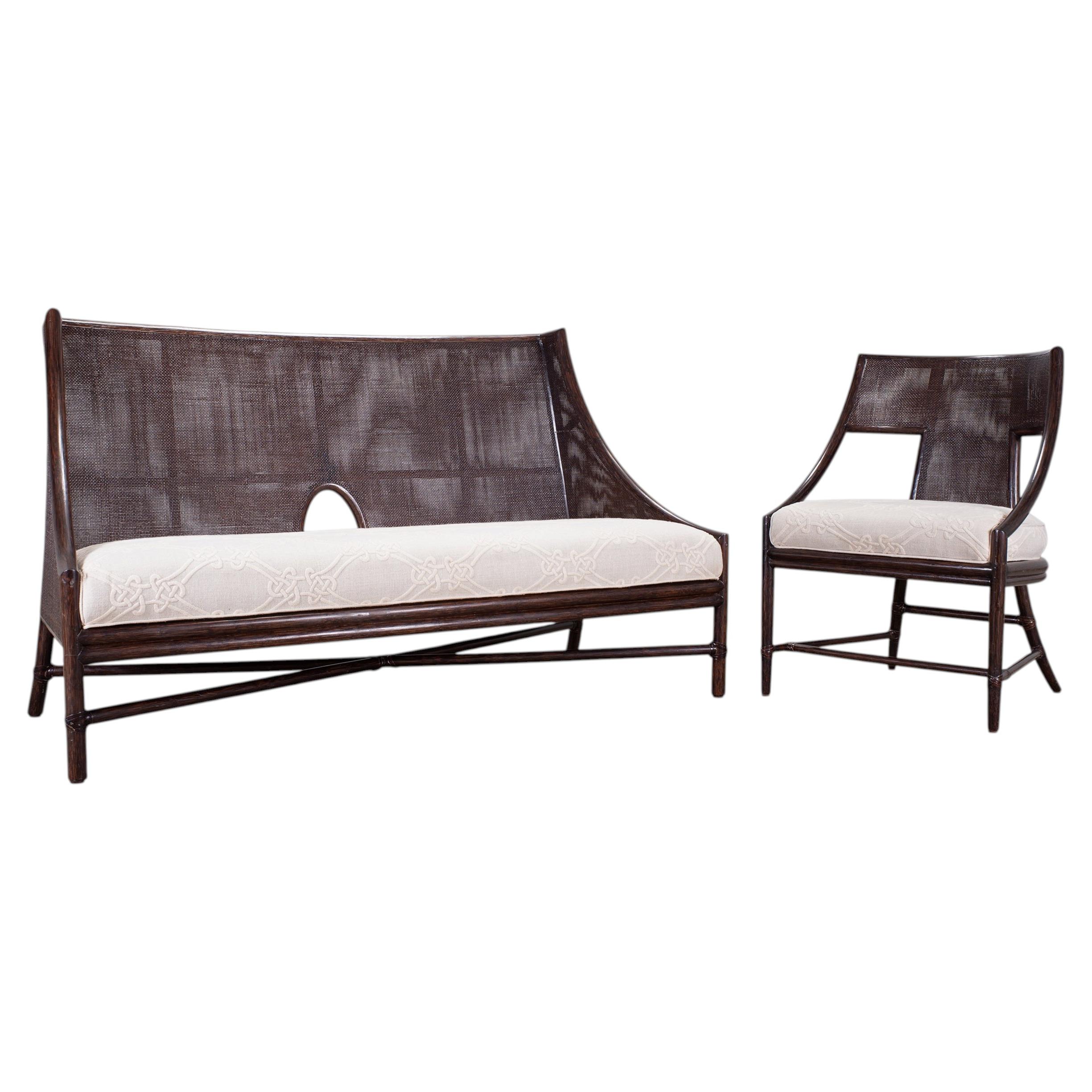 Barbara Barry for McGuire Rattan Cane Settee and Armchair For Sale