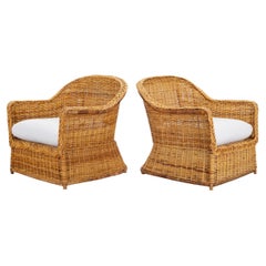 Pair of Organic Modern Rattan Wicker Lounge Armchairs