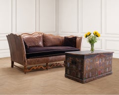 Country English Style Distressed Leather and Walnut Sofa