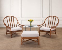 Pair of McGuire Organic Modern Rattan Lounge Chairs + Ottoman