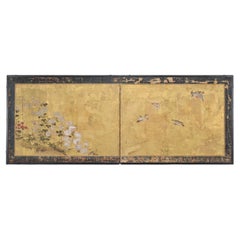 Japanese Edo Two-Panel Gilt Screen Birds Chrysanthemums 6 Ft