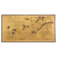 Japanese Four-Panel Showa Screen Songbirds Fruiting Persimmon