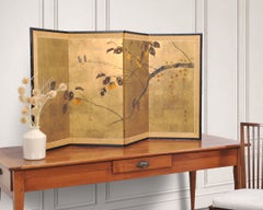 Japanese Four-Panel Showa Screen Songbirds Fruiting Persimmon