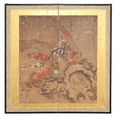 18th C. Japanese Edo Two-Panel Screen Pheasants Floral Landscape