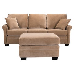 Three Seat Rolled-Arm Sofa and Ottoman in Camel Velvet US Made