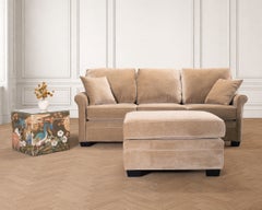 Three Seat Rolled-Arm Sofa and Ottoman in Camel Velvet US Made