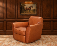 Hand-Crafted Art Deco Saddle Leather Swivel Club Chair, USA