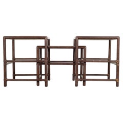 Nest of Three McGuire Rattan Cane Raffia and Oak Side Tables