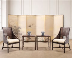 Nest of Three McGuire Rattan Cane Raffia and Oak Side Tables