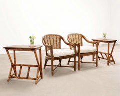 Pair of McGuire Style Bamboo Oak and Rattan Drink Tables