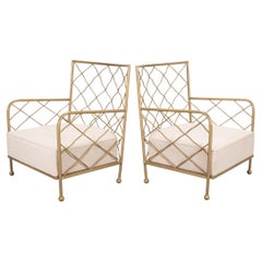 Pair of French Maison Jean Gilt Iron Croisillon Lounge Chairs