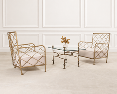 Pair of French Maison Jean Gilt Iron Croisillon Lounge Chairs
