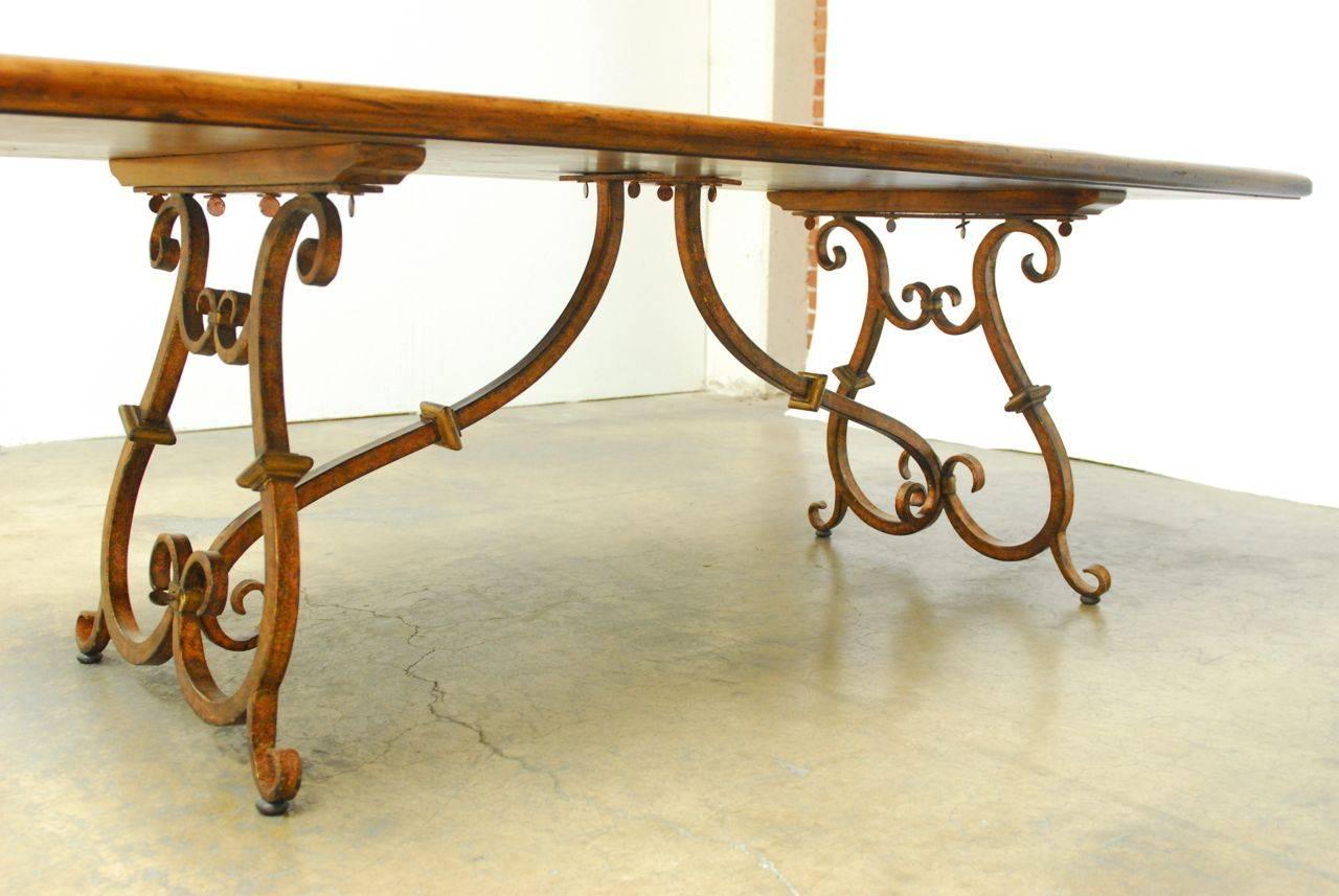 Hand-Crafted Spanish Colonial Trestle Table with Wrought Iron Scrolled Base