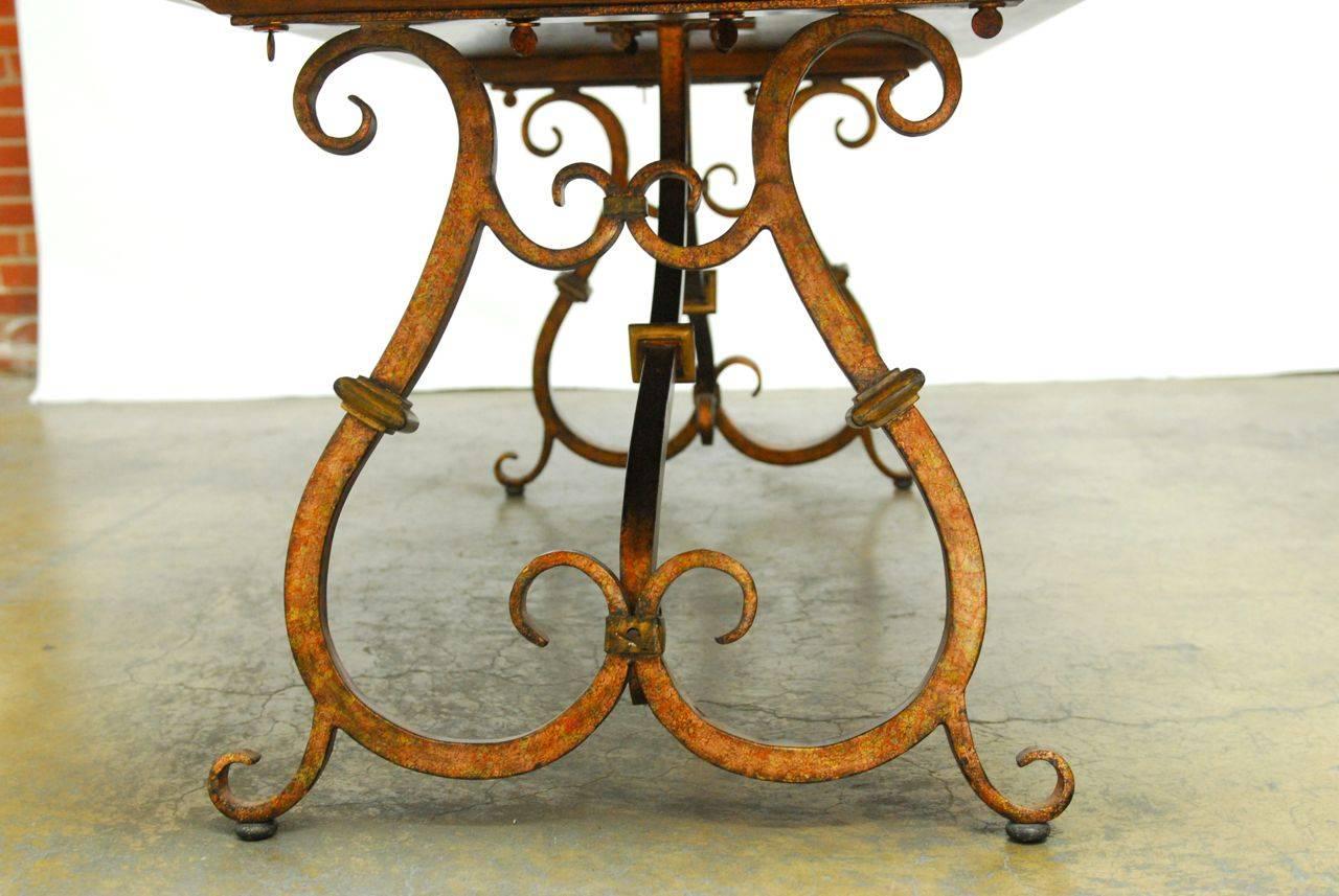 Spanish Colonial Trestle Table with Wrought Iron Scrolled Base In Excellent Condition In Rio Vista, CA