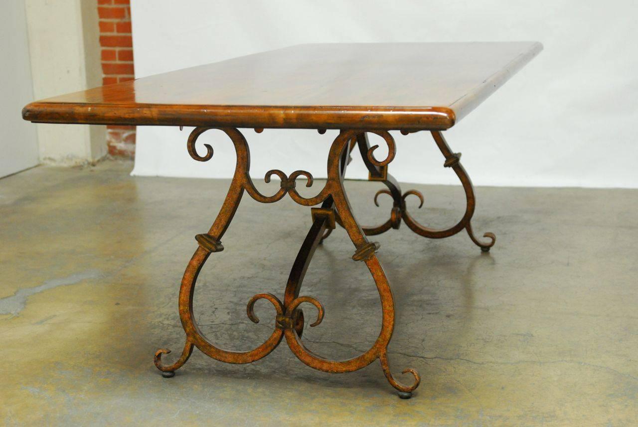 Spanish Colonial Trestle Table with Wrought Iron Scrolled Base 3