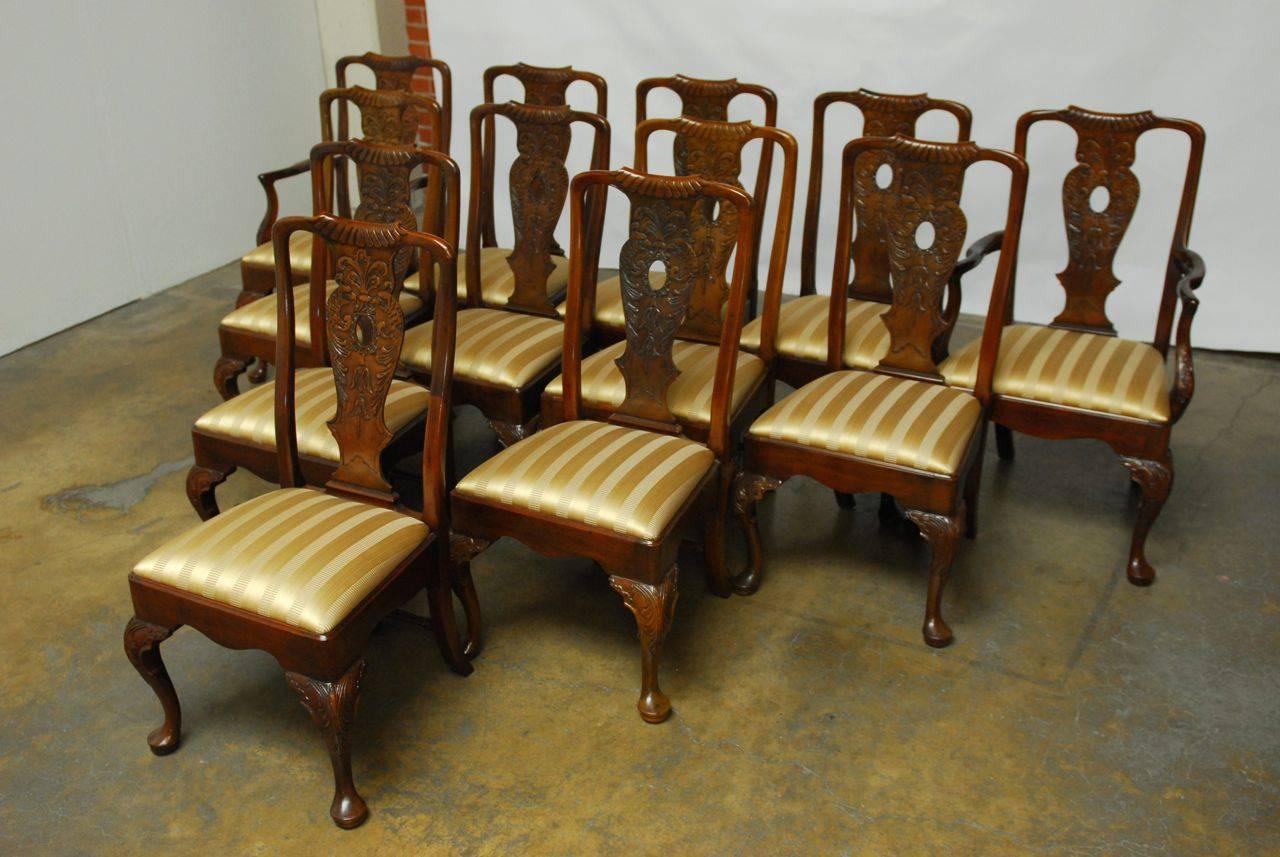 Queen Anne Set of 12 Carved Mahogany Georgian Style Dining Chairs by Henredon