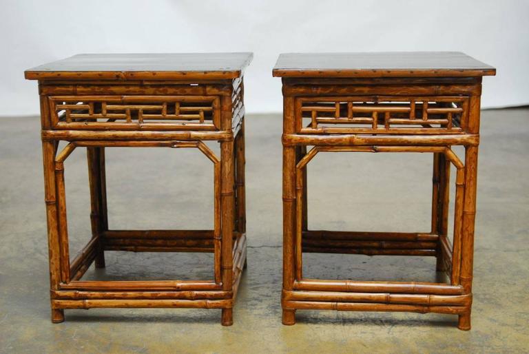 Pair Of Chinese Bamboo And Black Lacquered Wood Side Tables