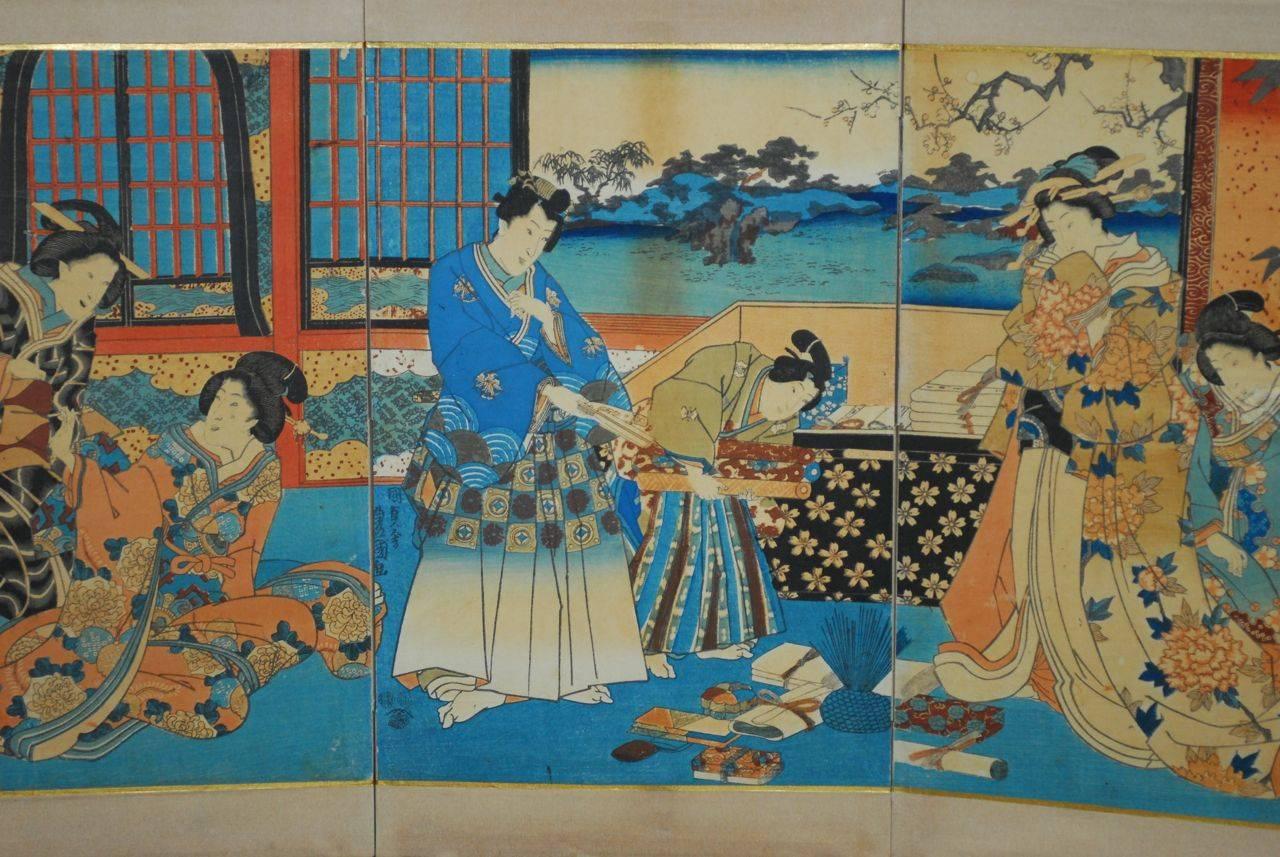 Picturesque Japanese triptych table screen by Utagawa Kunisada Tiyokuni III (Japanese 1786-1865). The most famous designer of Ukiyo-E woodblock prints. Scene from "Shunshoku Yakata No Kotobuki" ink and color polychrome Ukiyo-E woodblock