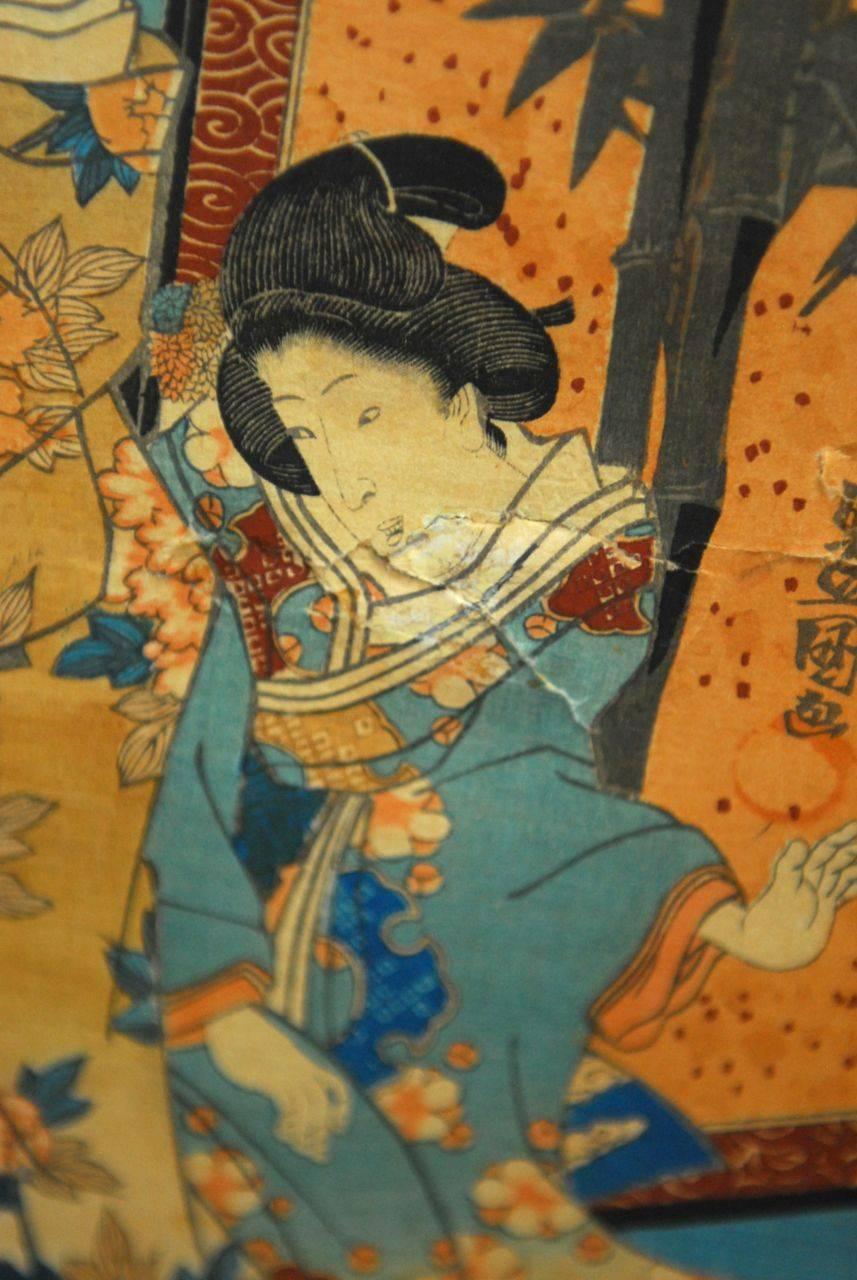 19th Century Utagawa Kunisada Japanese Ukiyo-E Woodblock Print Screen