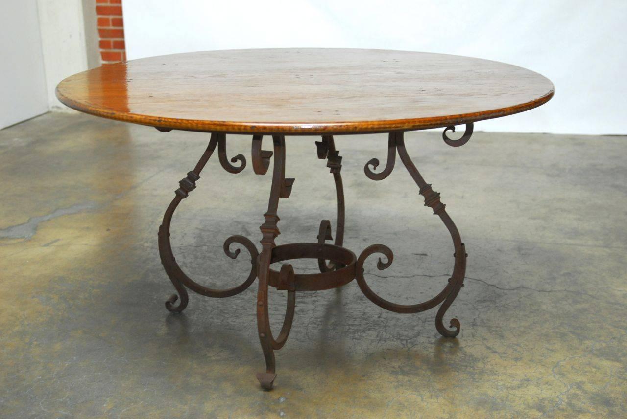 Italian Oak and Scrolled Iron Round Dining Table 2