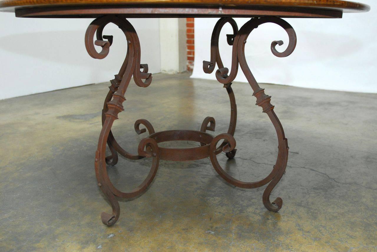 20th Century Italian Oak and Scrolled Iron Round Dining Table