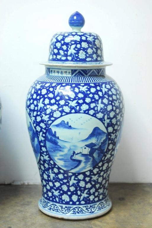 Spectacular pair of Chinese porcelain blue and white temple jars or ginger jar vases standing nearly 40