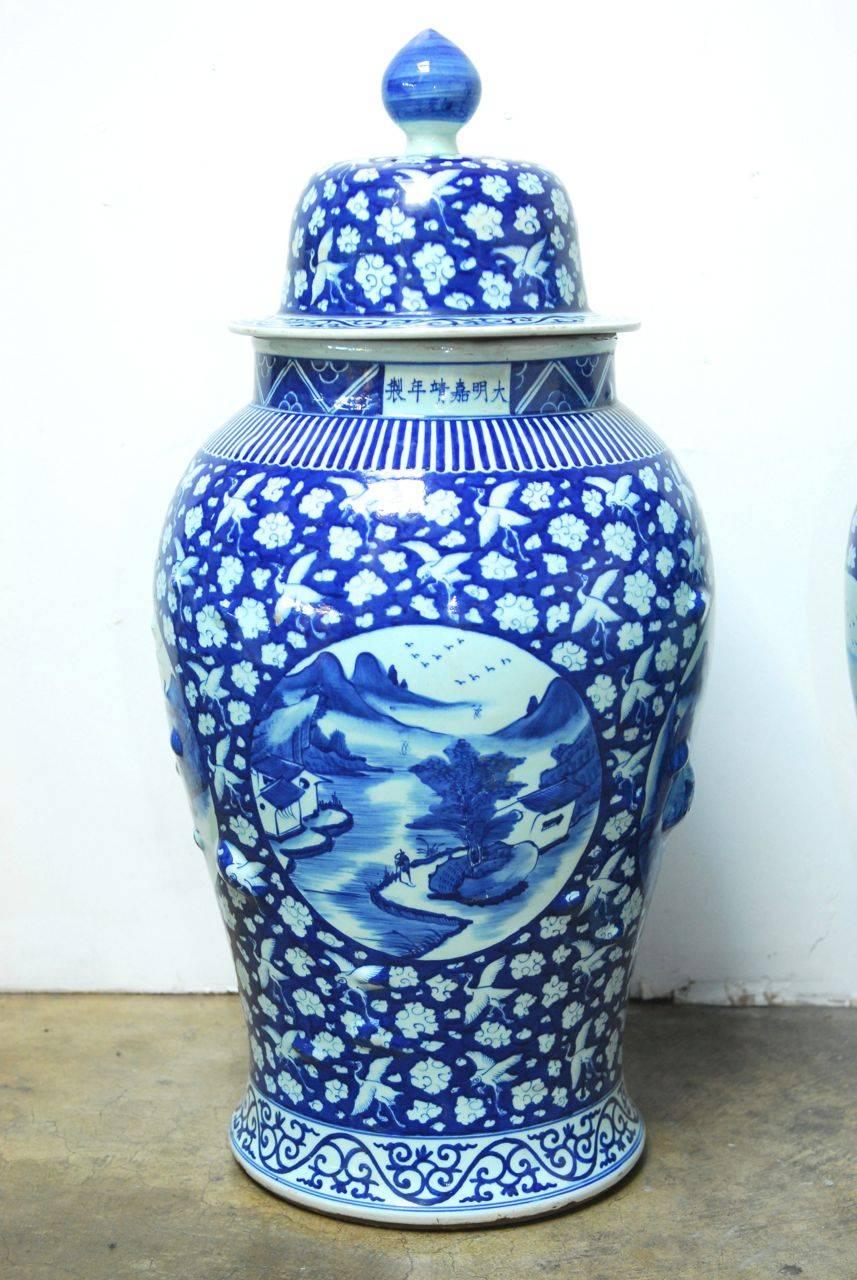 Ceramic Monumental Pair of Chinese Blue and White Temple Ginger Jar Vases