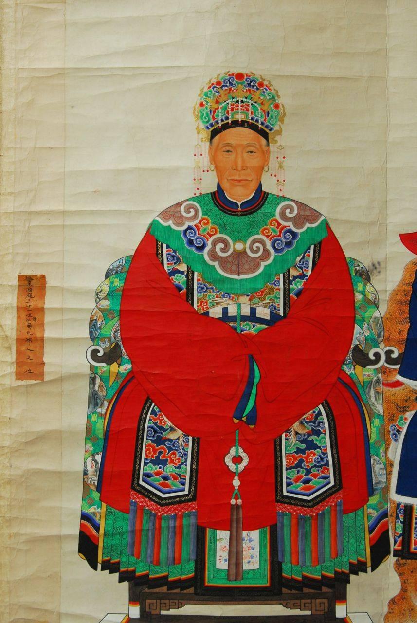 Peint à la main Peinture sur rouleau ancestrale du patriarche et de la matriarche de Chine en vente