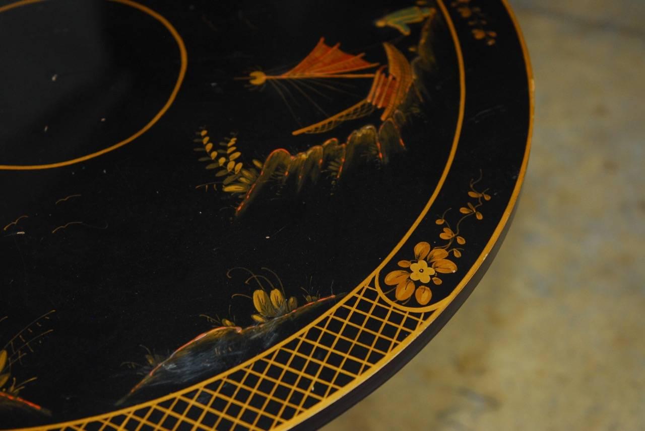 20th Century Chinoiserie Black Lacquer Tripod Tea Table