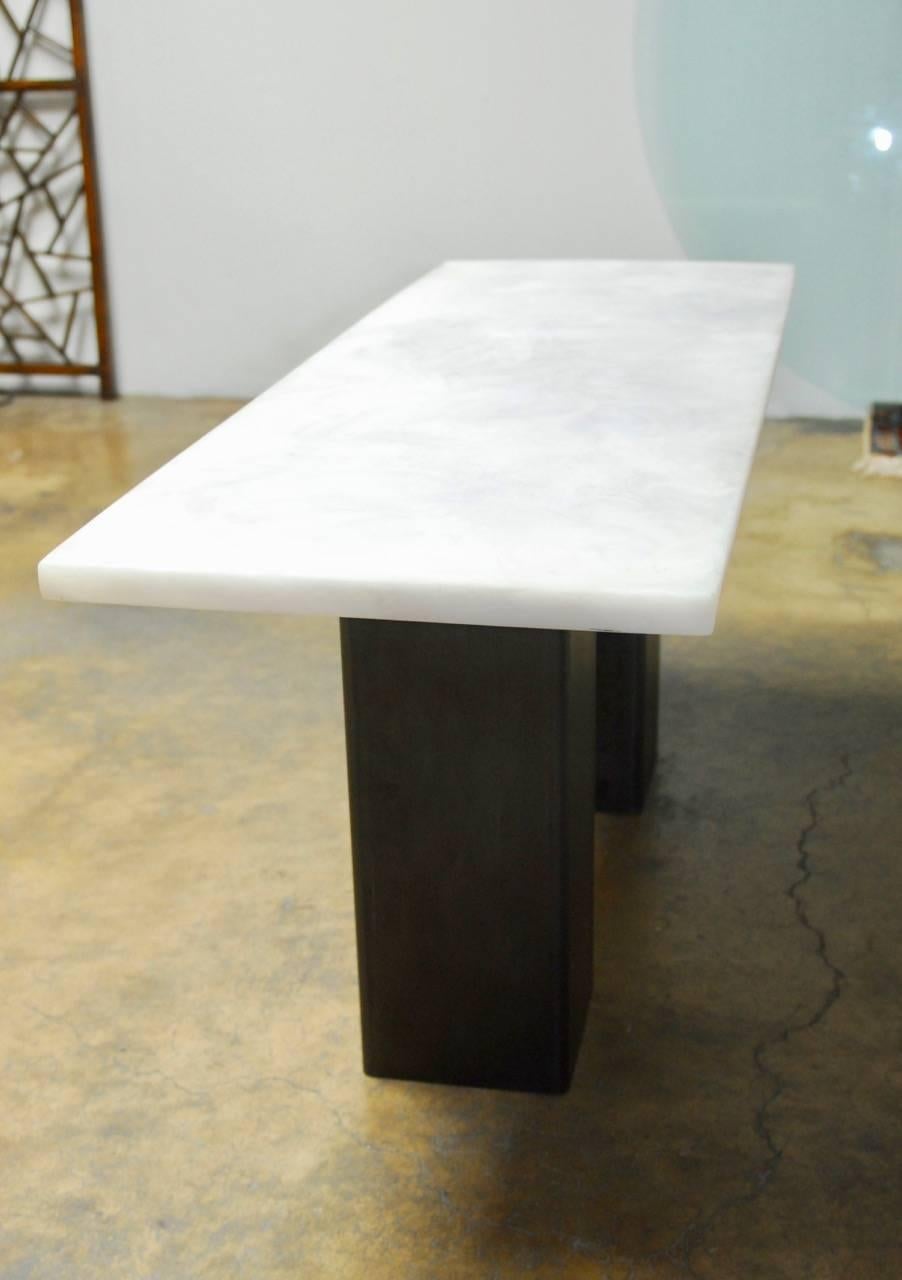 Hand-Crafted Modern Faux Marble and Steel Double Pedestal Console For Sale