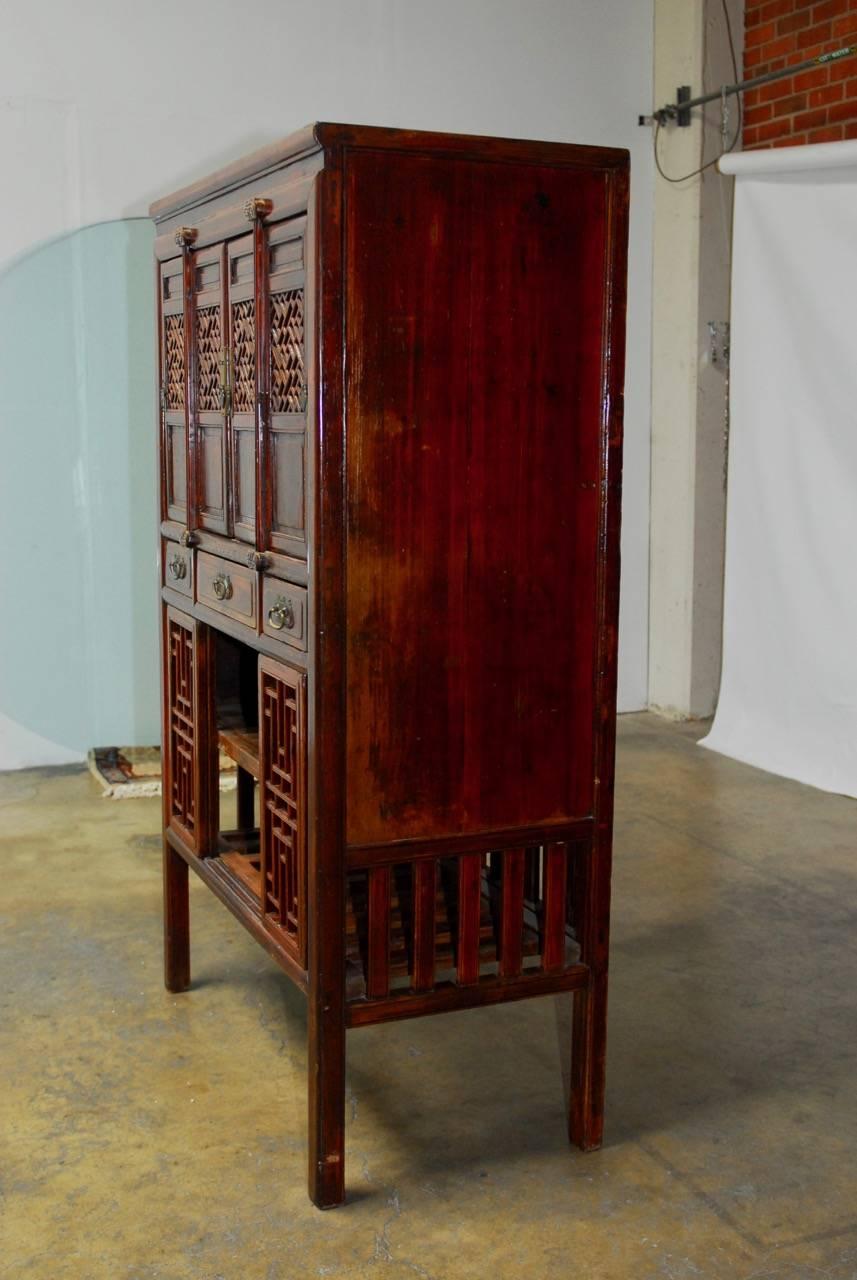Hand-Carved Chinese Lacquered Kitchen Cabinet with Lattice Doors