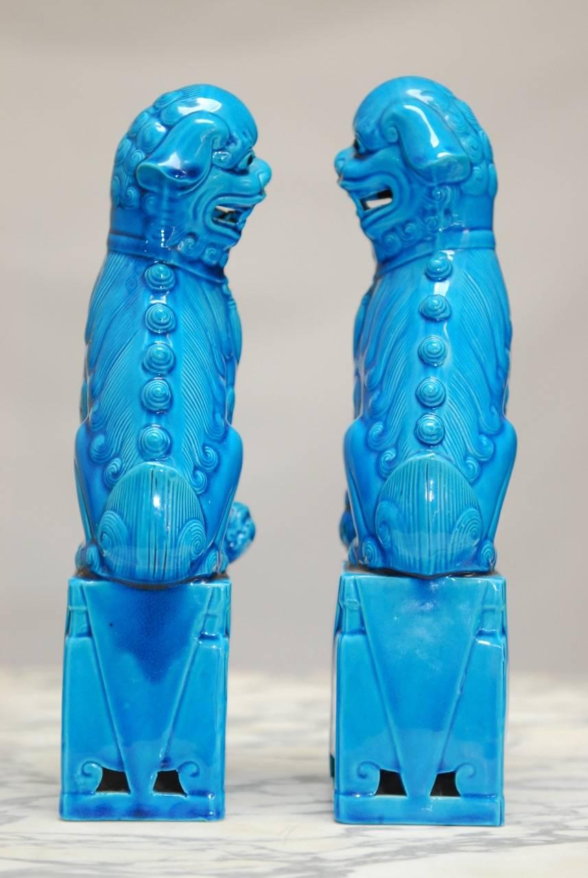 Hand-Crafted Pair of Chinese Turquoise Glazed Foo Dogs