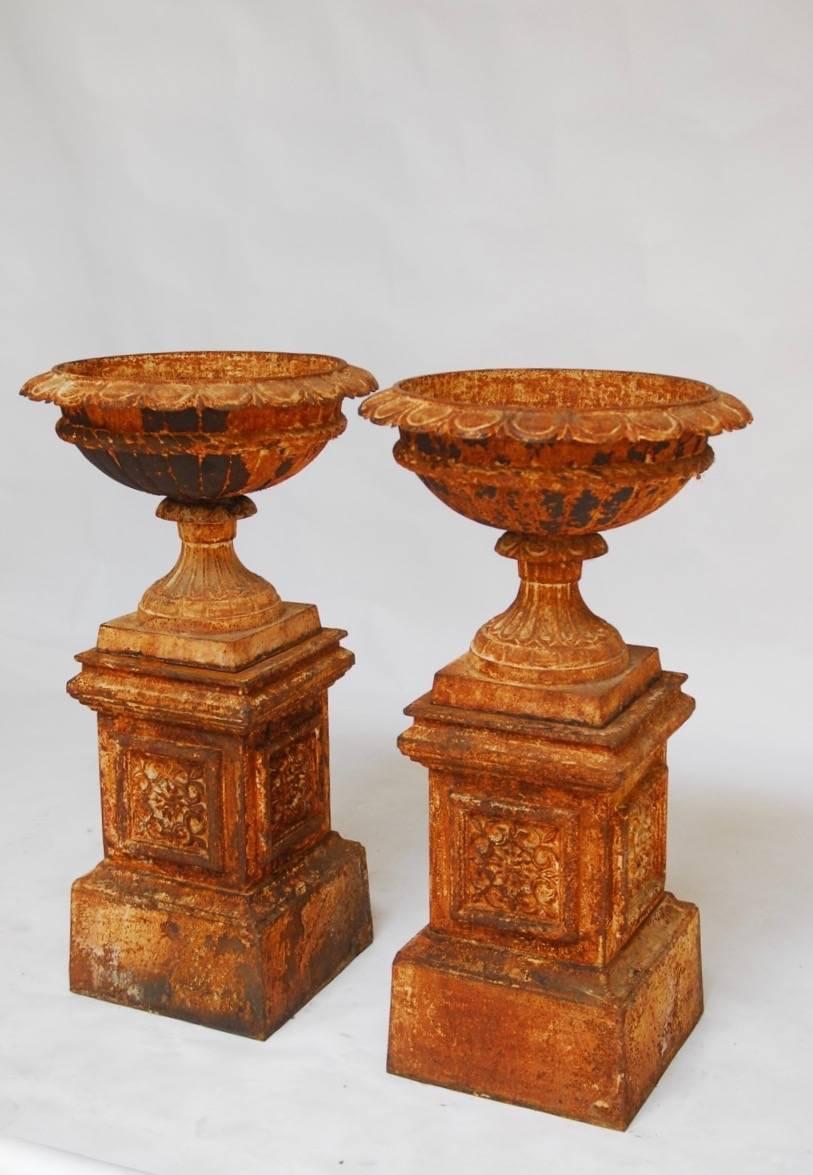 Pair of French Cast Iron Garden Urns on Plinths In Distressed Condition In Rio Vista, CA
