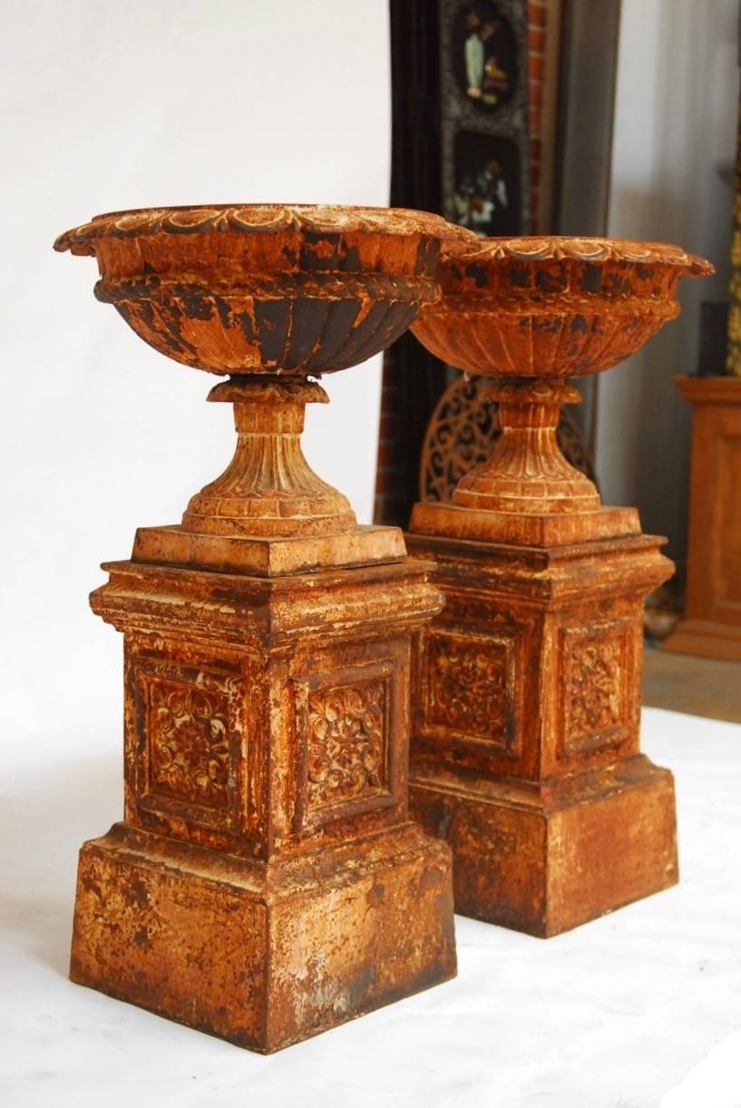 Pair of French Cast Iron Garden Urns on Plinths 2
