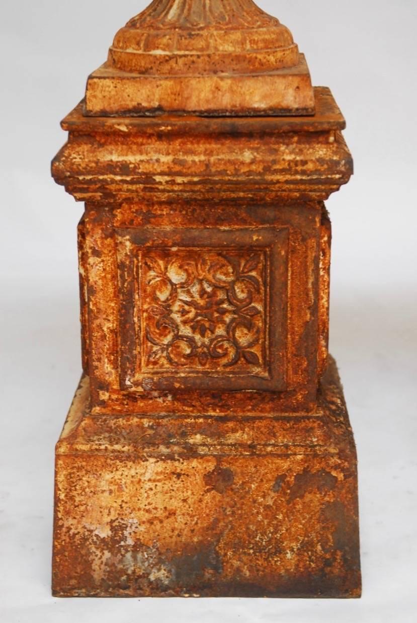 19th Century Pair of French Cast Iron Garden Urns on Plinths