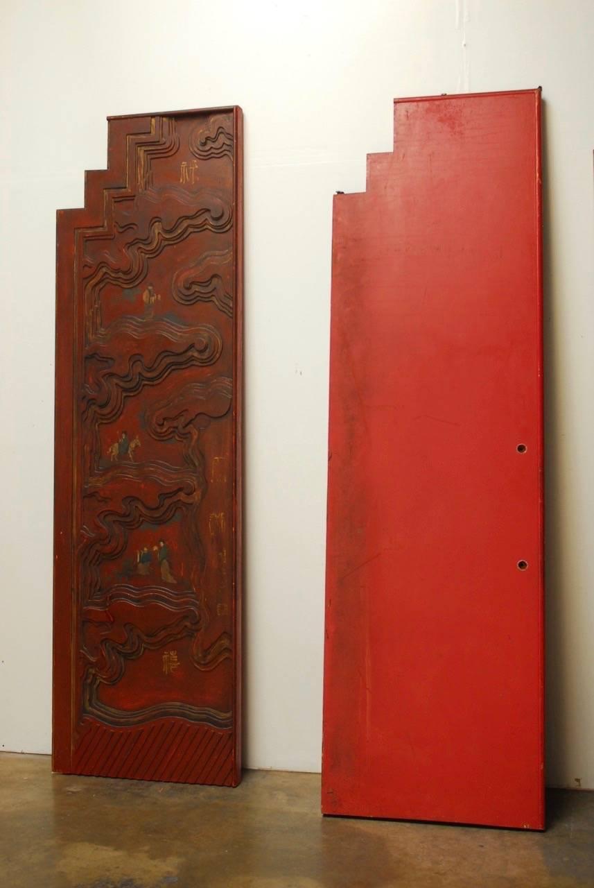 Wood Pair of Chinese Carved Temple Courtyard Door Panels
