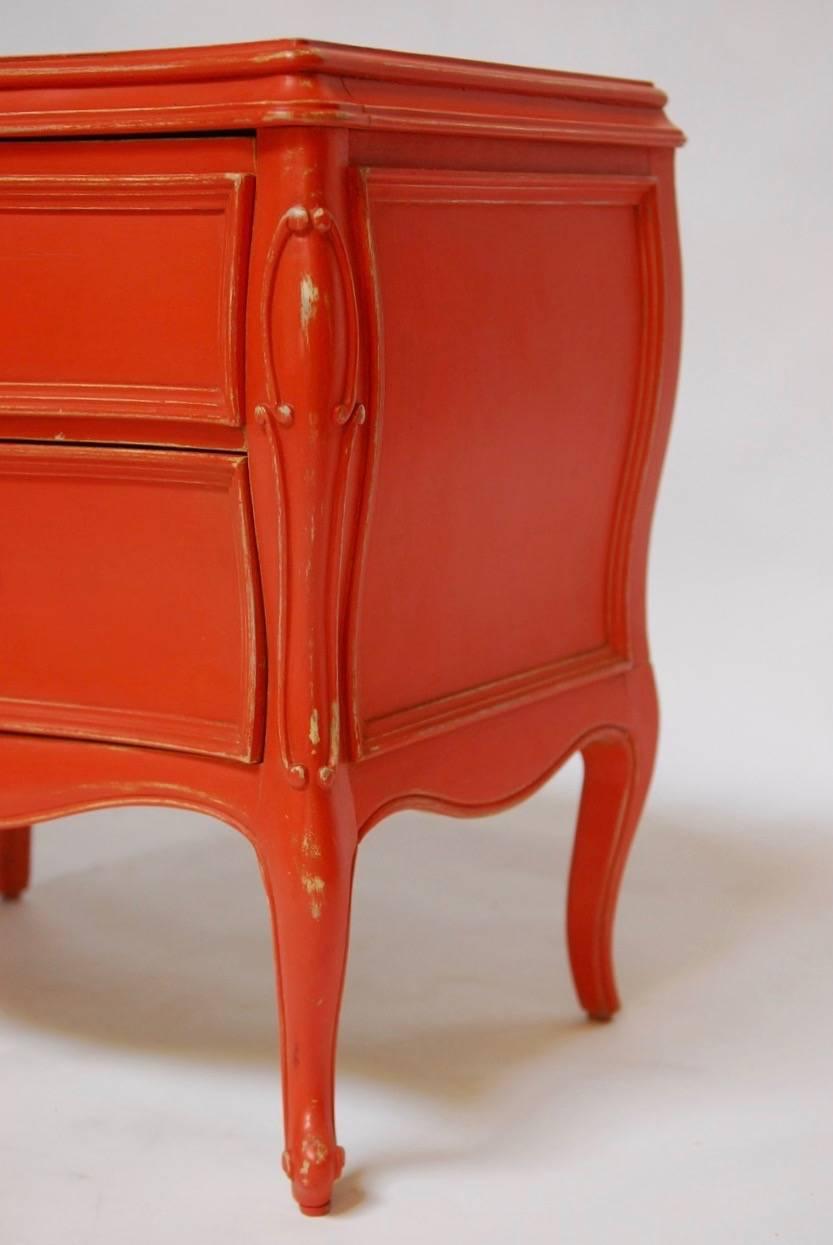 Brass Pair of Hermes Orange Lacquered French Provencial Nightstands