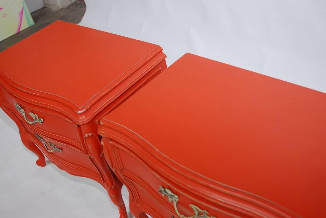 20th Century Pair of Hermes Orange Lacquered French Provencial Nightstands