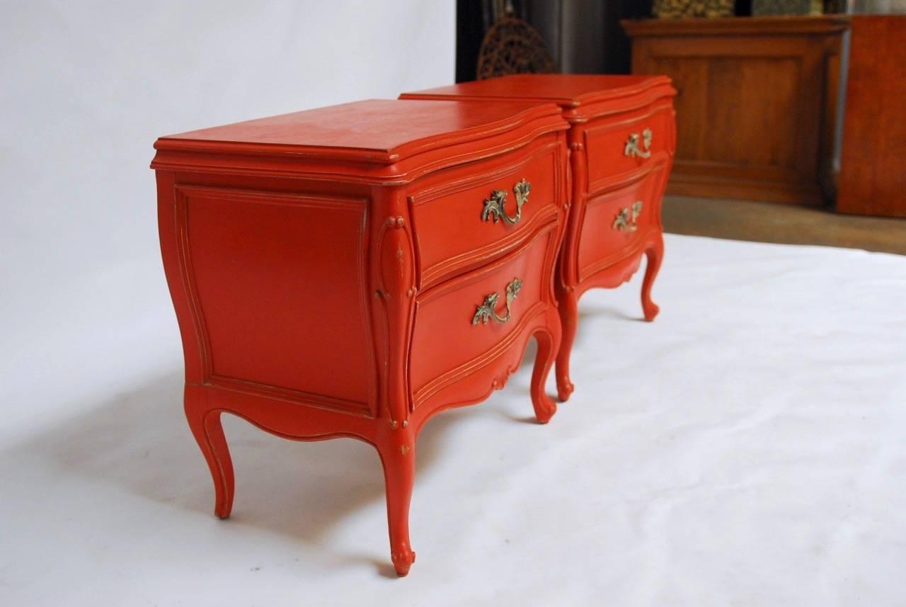 Pair of Hermes Orange Lacquered French Provencial Nightstands In Excellent Condition In Rio Vista, CA
