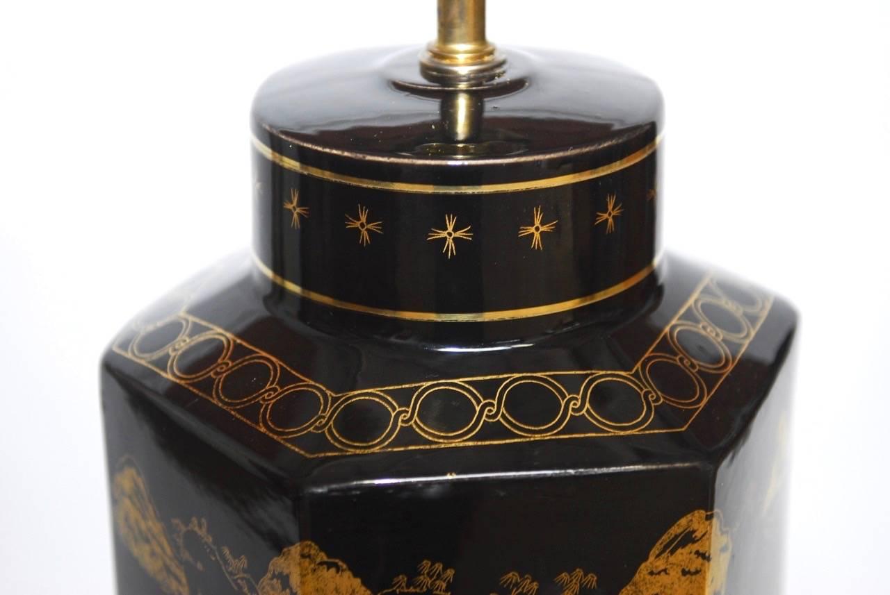 Hollywood Regency Chinese Porcelain Tole Tea Canister Table Lamp