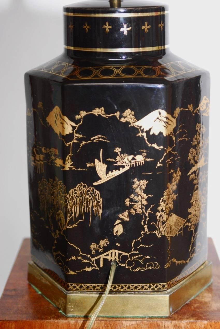 Brass Chinese Porcelain Tole Tea Canister Table Lamp