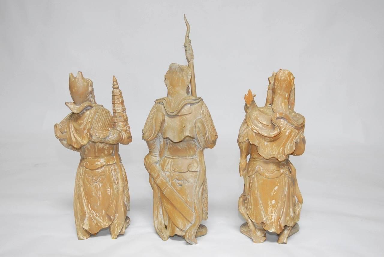 Hand-Carved Set of Three Chinese Carved Statues of Immortals