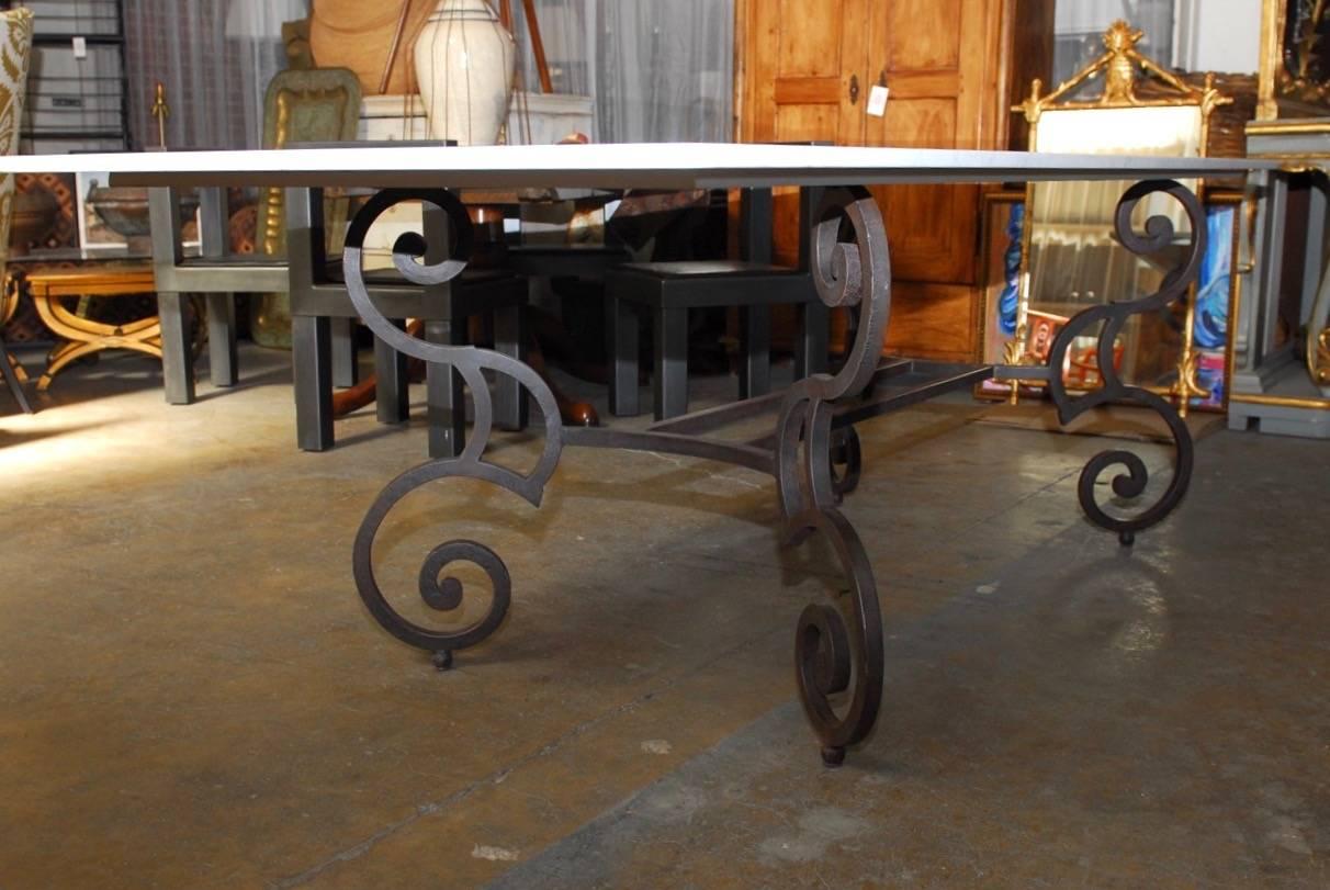 Italian Carrara Marble-Top Dining Table with Scrolled Iron Base In Excellent Condition In Rio Vista, CA