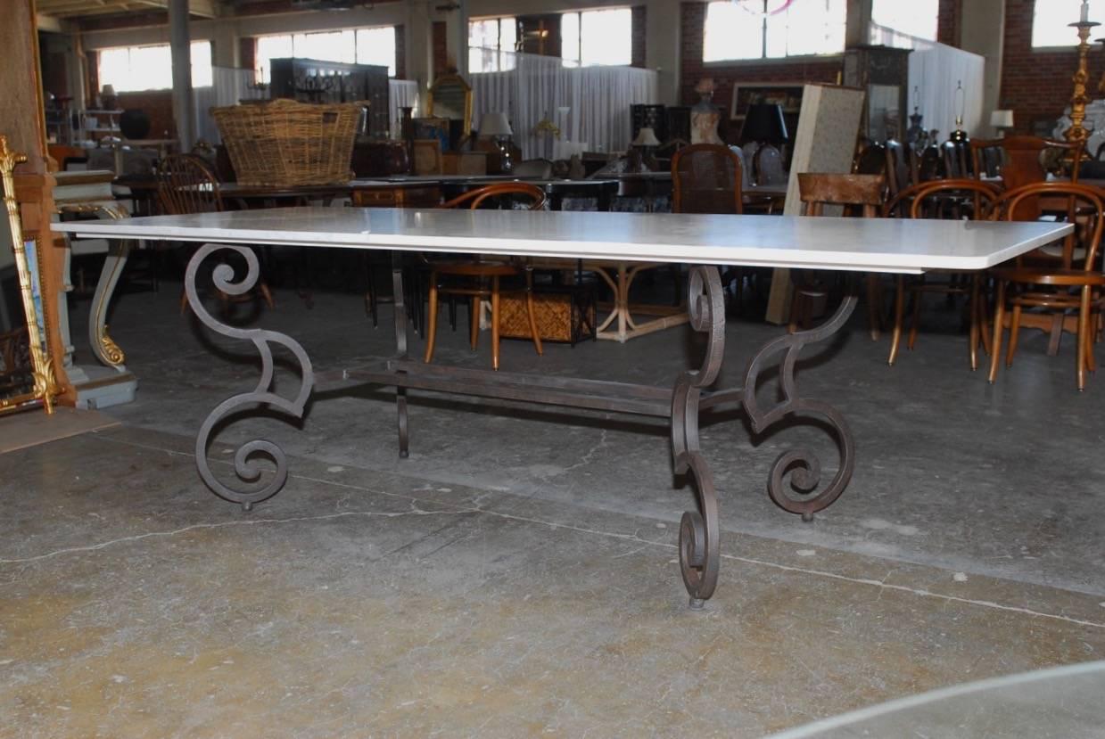 Italian Carrara Marble-Top Dining Table with Scrolled Iron Base 3