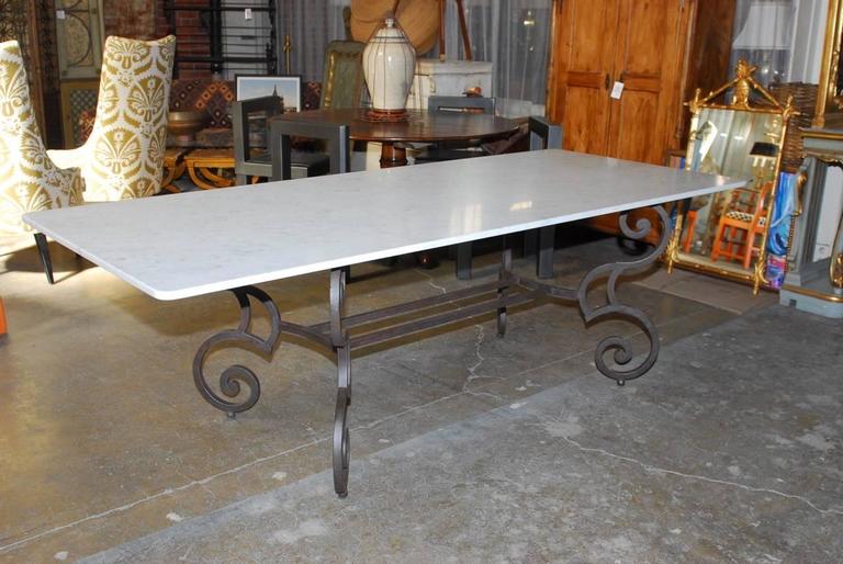 Italian Carrara MarbleTop Dining Table with Scrolled Iron Base For Sale at 1stDibs