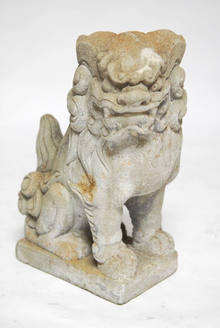 Hand-Crafted Pair of Chinese Stone Guardian Foo Lions